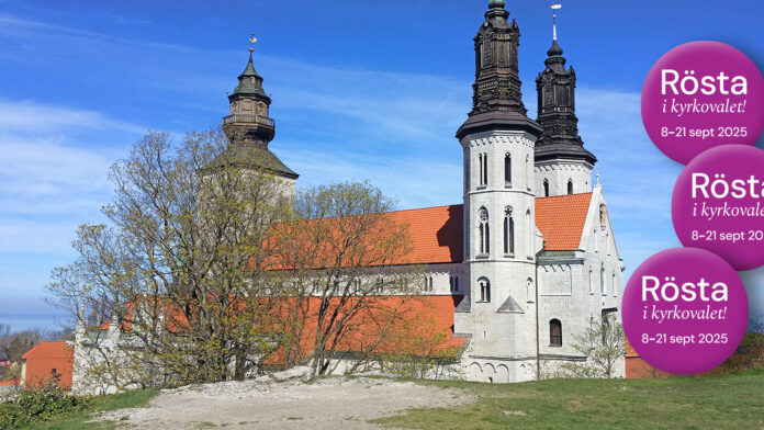 A glimpse of the exterior of the ancient cathedral immediately outside the old town of Visby in Gotland in Sweden